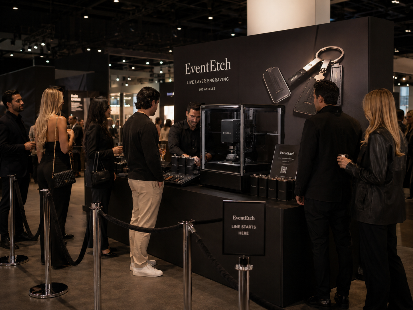 Guests gathered around the EventEtch engraving station at a private celebration
