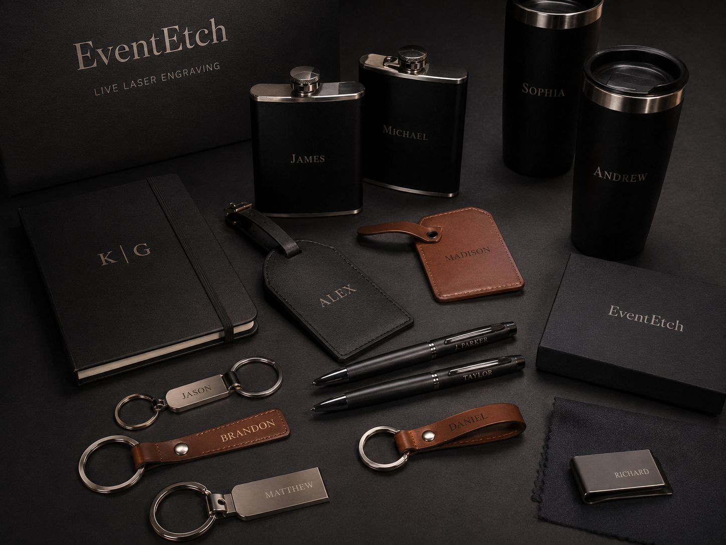Premium engraved giveaway items prepared for a brand activation or trade show