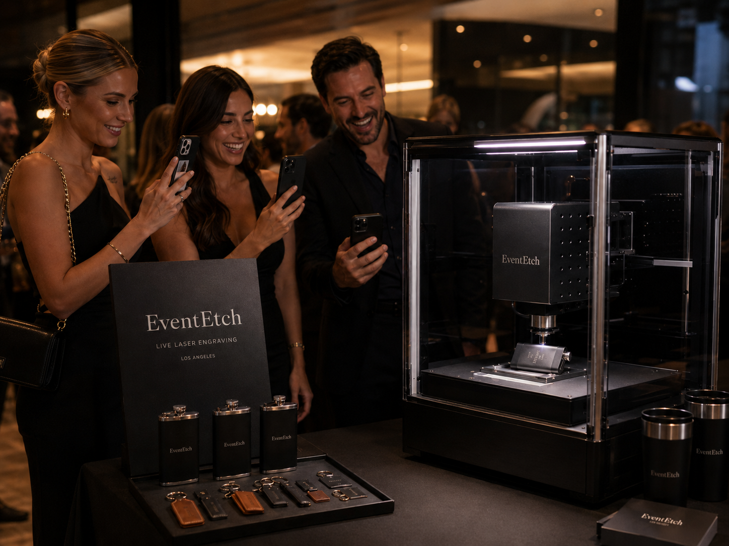 EventEtch engraving display with premium event-friendly items and guests filming the experience