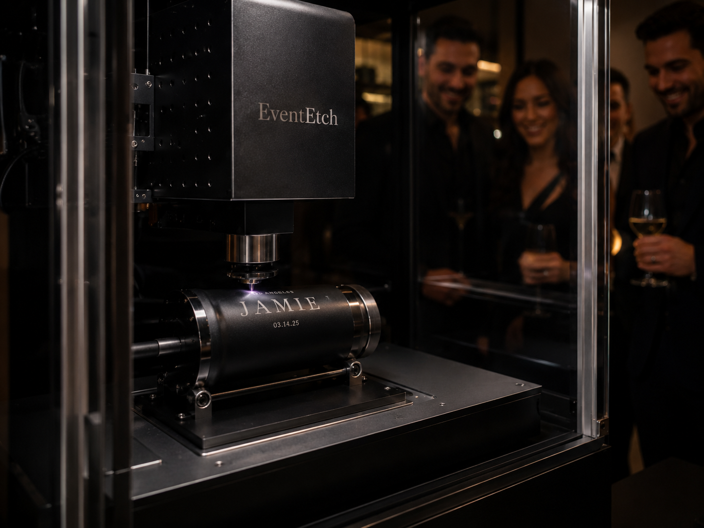 Close-up of the live EventEtch laser engraving station in action